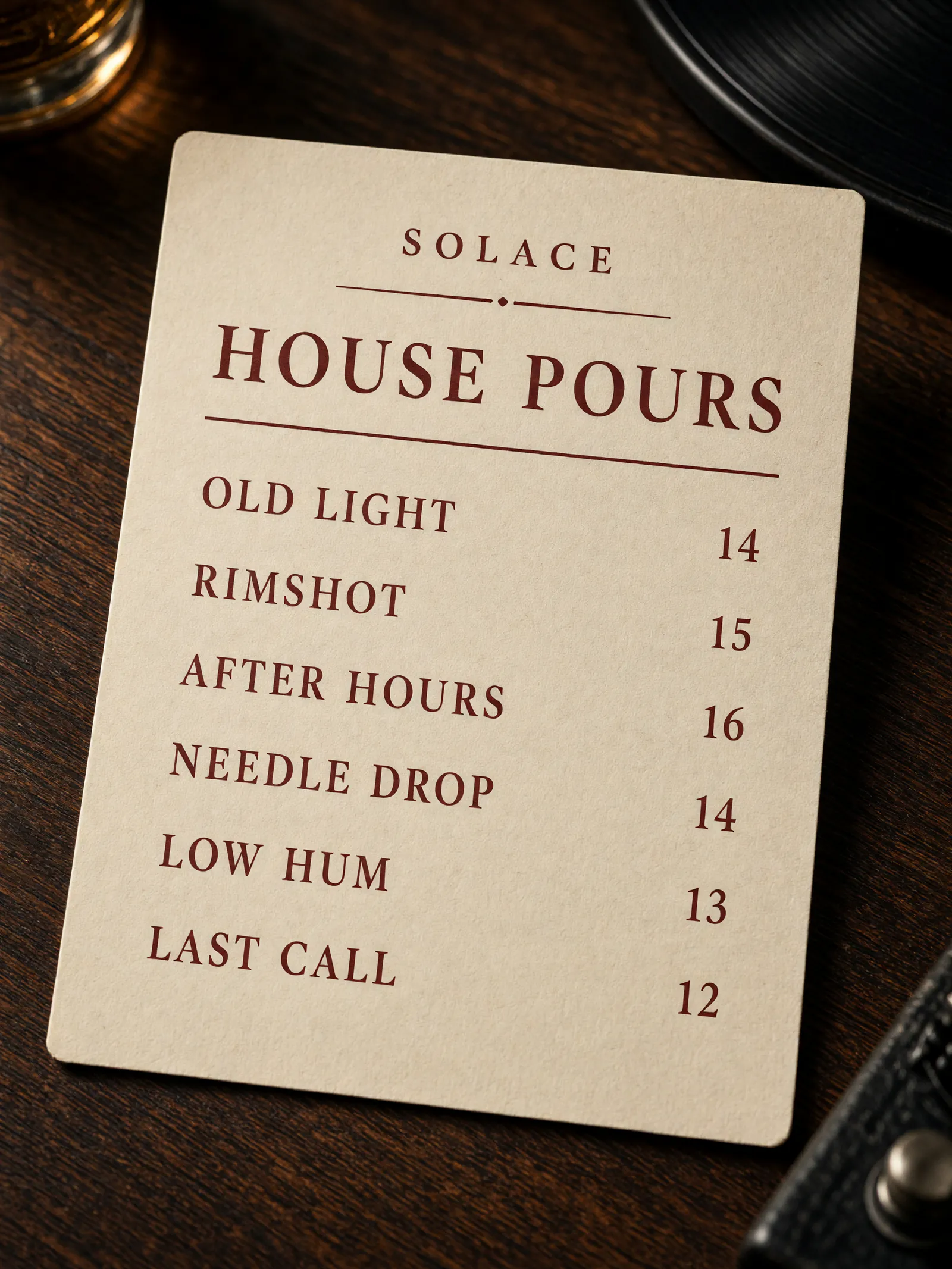 Grok Image 2 printed SOLACE HOUSE POURS cocktail menu with six named drinks and prices