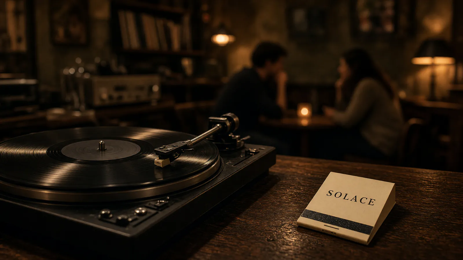 Grok Image 2 interior of SOLACE with a spinning record and a matchbook printed SOLACE