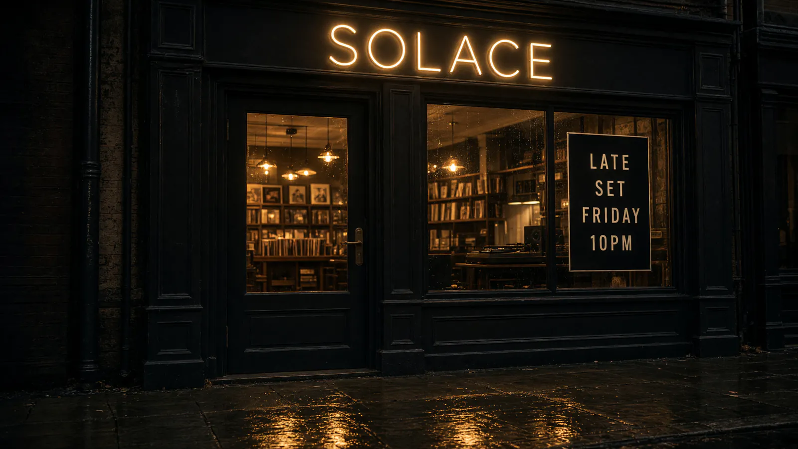Grok Image 2 night photograph of the SOLACE vinyl listening bar storefront with a LATE SET window poster