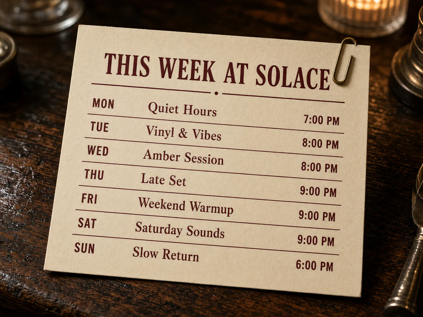 Grok Image 2 printed THIS WEEK AT SOLACE card with seven daily sets and times