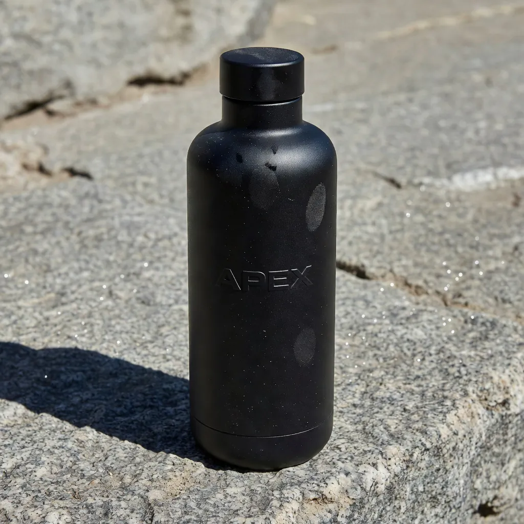 Grok Image Fast photoreal matte black APEX water bottle on granite in harsh noon light, fingerprints and dust visible