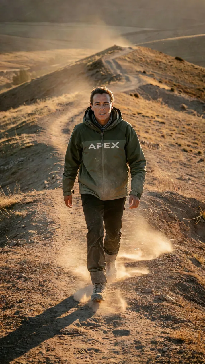 Grok Image Fast vertical candid of a hiker in an APEX jacket walking toward camera on a dusty ridge at late sun
