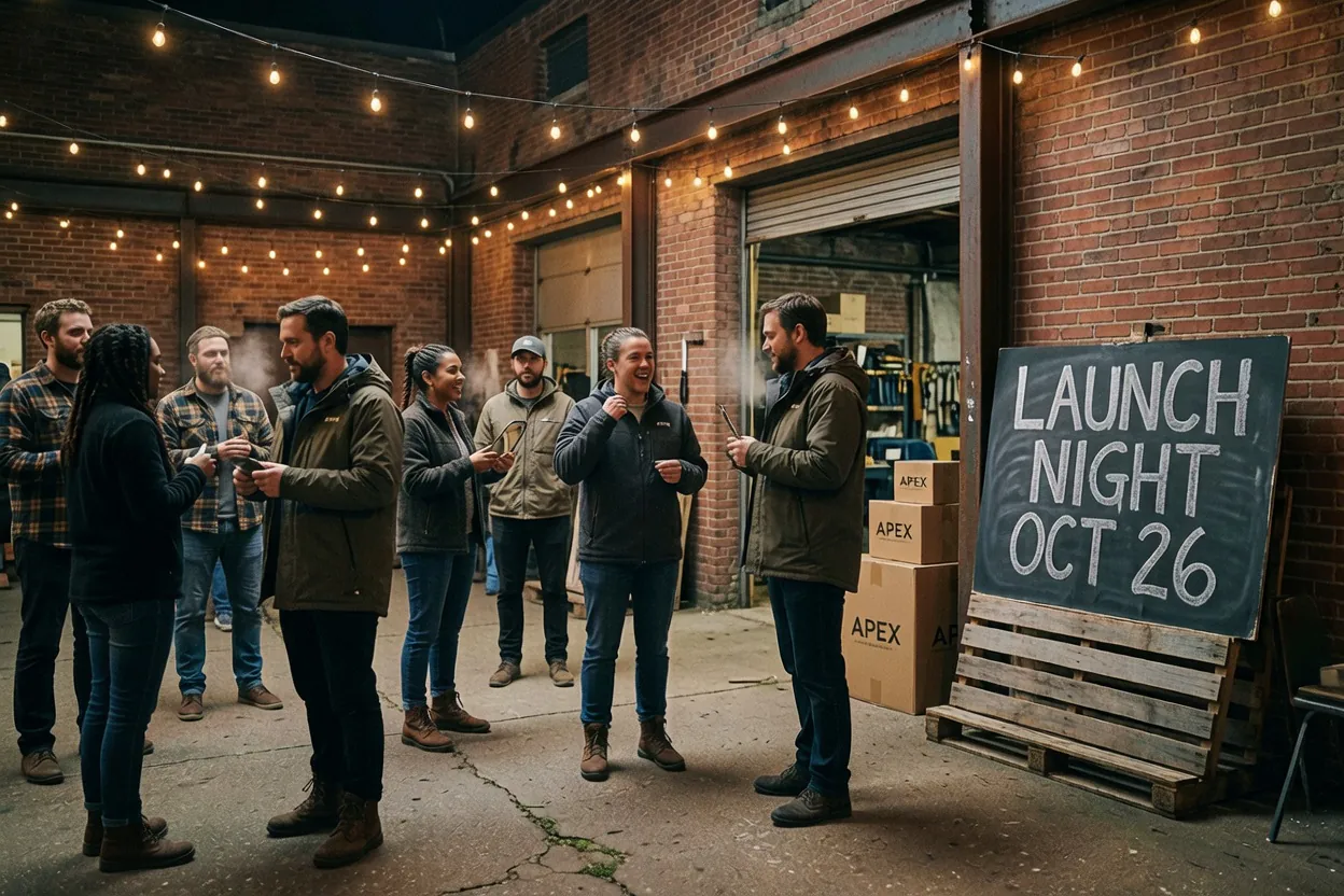 Grok Image Fast candid photograph of an APEX Launch Night pop-up in a warehouse courtyard with string lights and a chalkboard