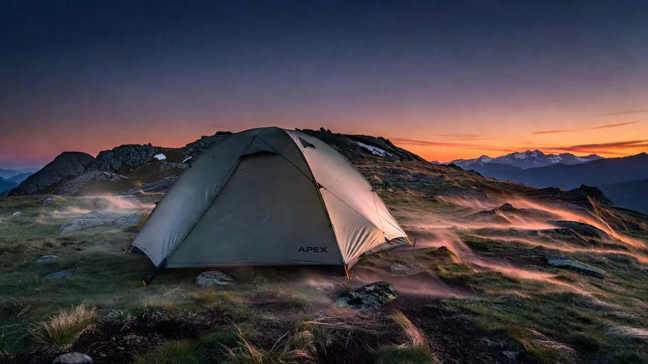 Grok Image Fast branded outdoor photo of an APEX tent on a windy ridge at dusk