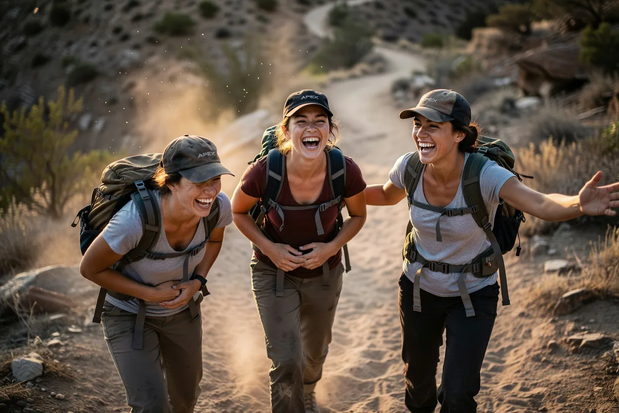 Grok Image Fast candid photograph of three friends laughing on a dusty APEX trail at golden hour