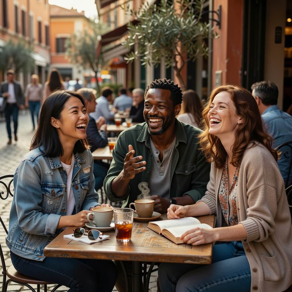 Grok Imagine candid lifestyle shot of friends laughing at an outdoor cafe in natural light with realistic skin