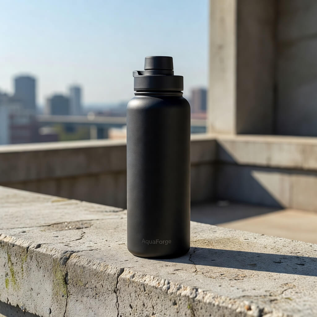 Grok Imagine photorealistic product render of a matte black water bottle on a concrete ledge in natural daylight