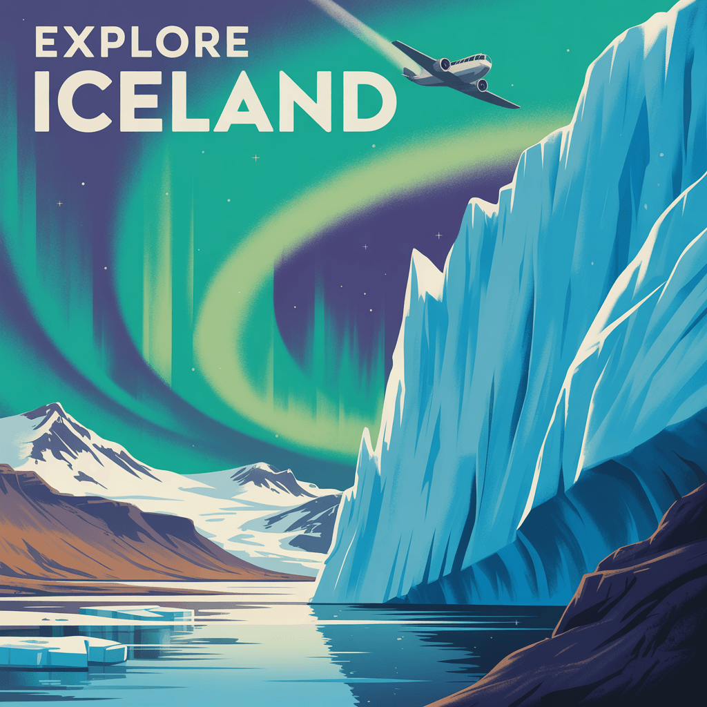 Ideogram v3 Balanced vintage travel poster reading 'EXPLORE ICELAND' with a glacier and aurora in art-deco type
