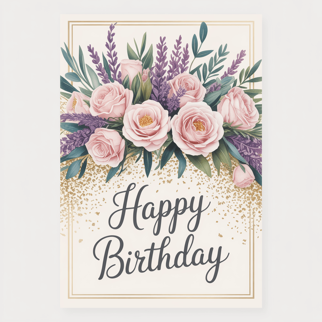 Ideogram v3 Balanced greeting card reading 'Happy Birthday' in elegant hand-lettered script with a floral border