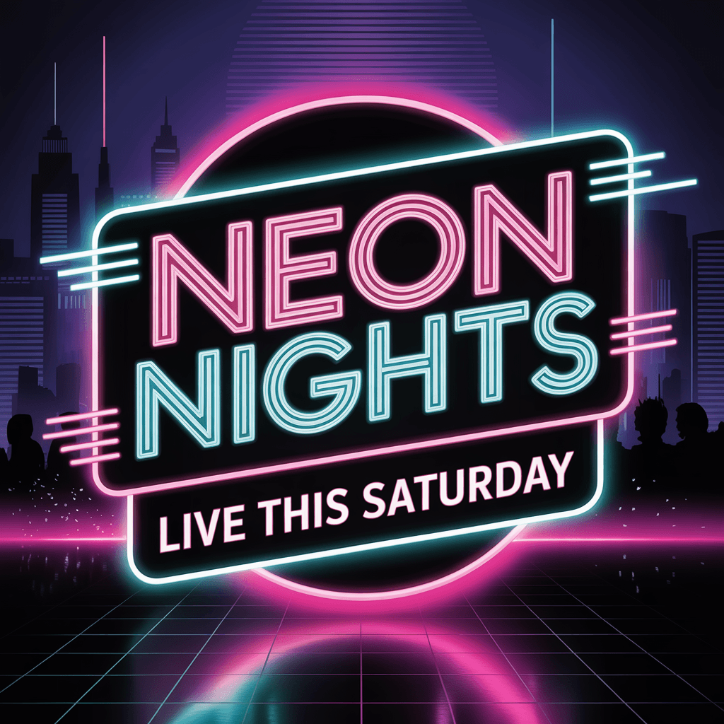 Ideogram v3 Balanced bold event poster reading 'NEON NIGHTS' with the subtitle 'Live This Saturday' in a vibrant retro design