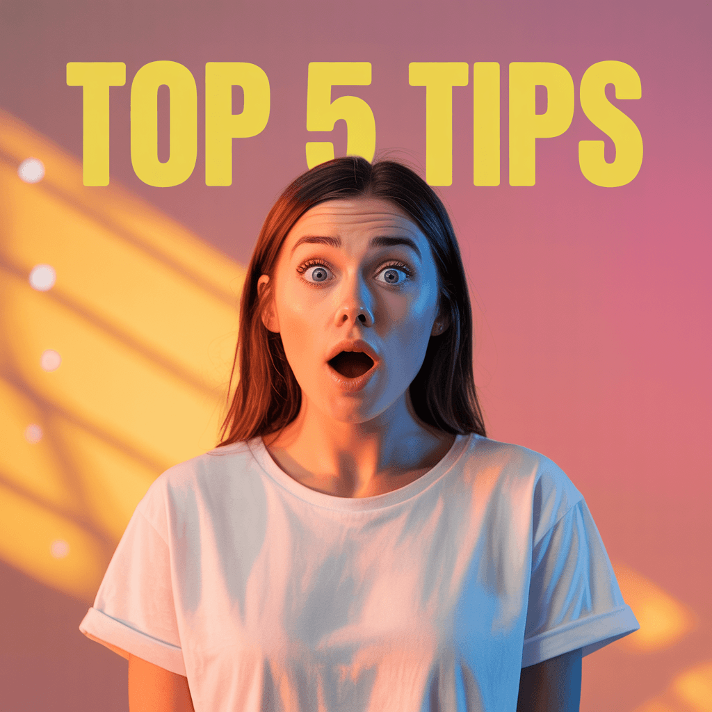 Ideogram v3 Balanced YouTube thumbnail with the text 'TOP 5 TIPS' in bold yellow, a surprised face, and a bright background