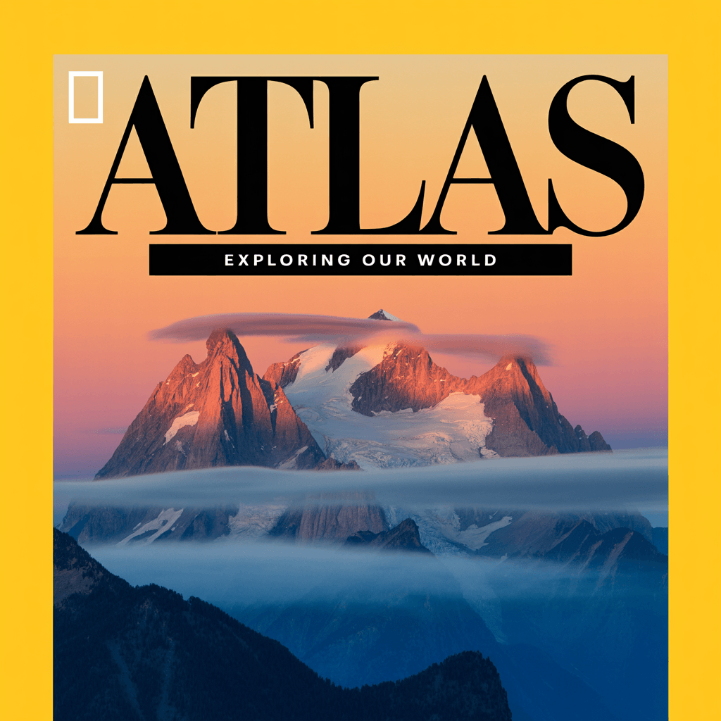 Ideogram v3 Quality premium magazine cover reading 'ATLAS' with a bold masthead and a striking mountain photograph