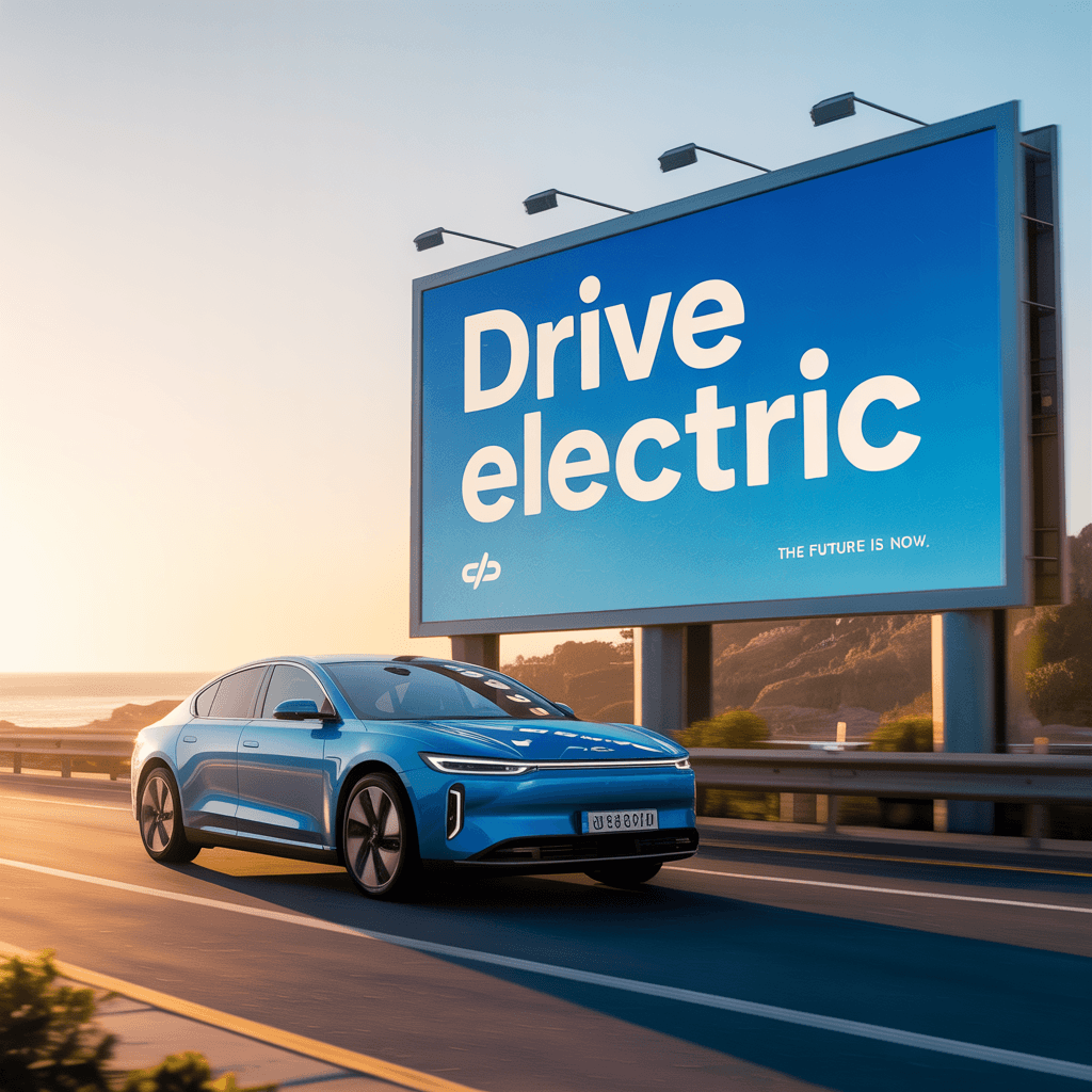 Ideogram v3 Quality photorealistic billboard mockup reading 'DRIVE ELECTRIC' with a sleek car at golden hour