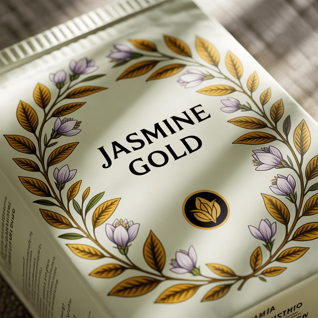 Ideogram v3 Quality detailed packaging design for artisan tea reading 'JASMINE GOLD' with intricate botanical art