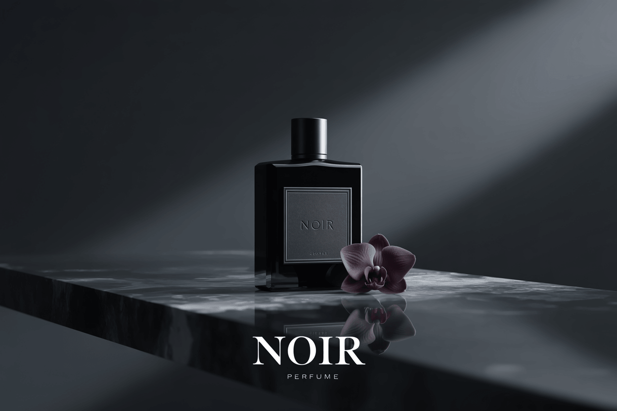 Ideogram v3 Quality luxury perfume ad with the label 'NOIR' in elegant serif, a glossy black bottle, and dramatic lighting