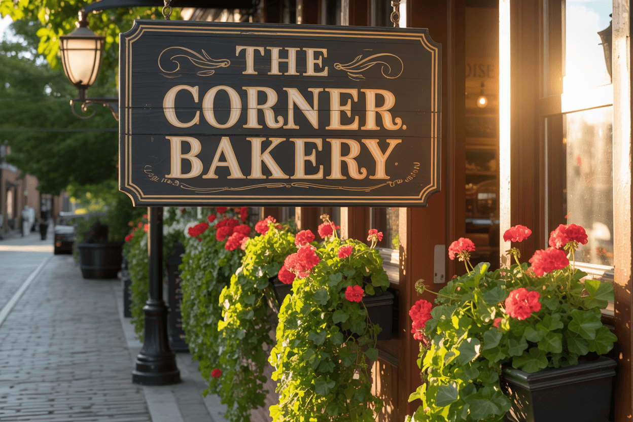 Ideogram v3 Quality finely detailed storefront sign reading 'THE CORNER BAKERY' in warm hand-painted lettering