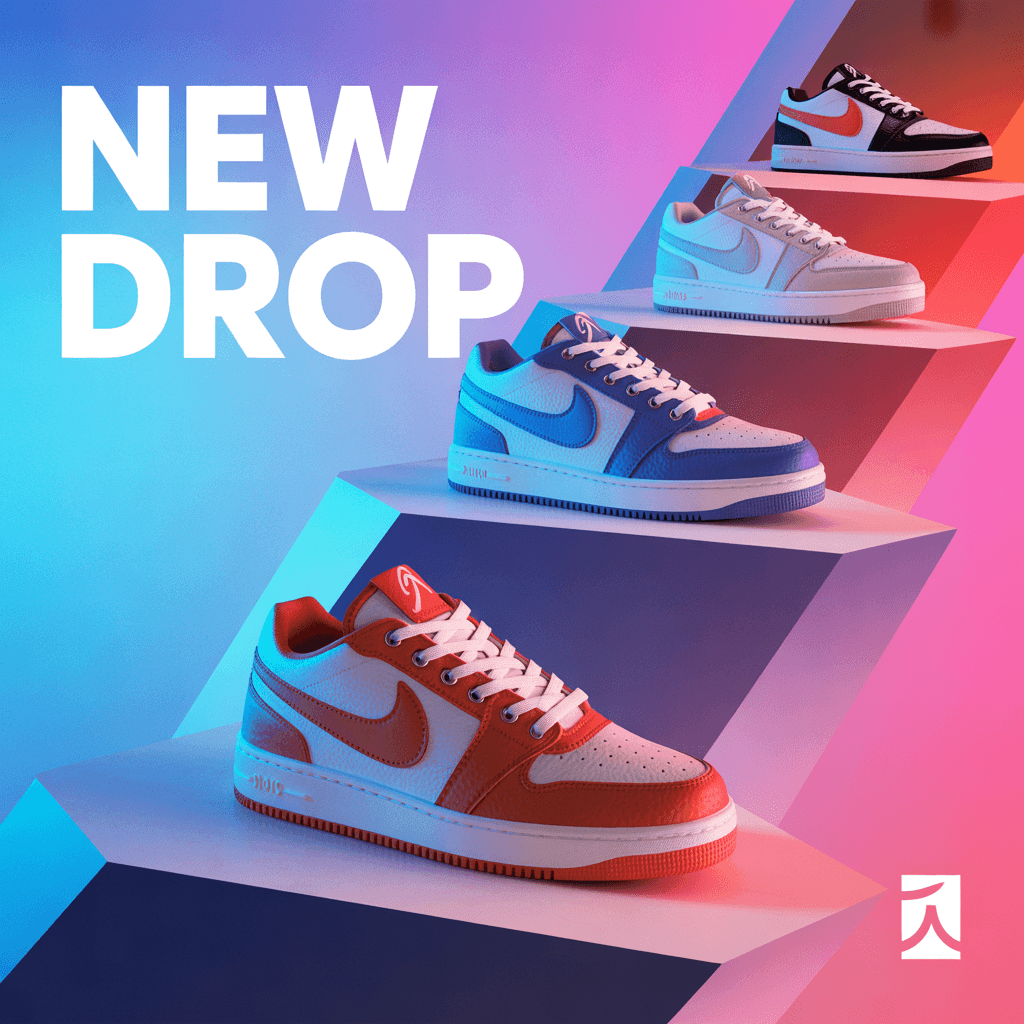 Ideogram v3 Turbo batch of social media graphics reading 'NEW DROP' in bold type on bright backgrounds