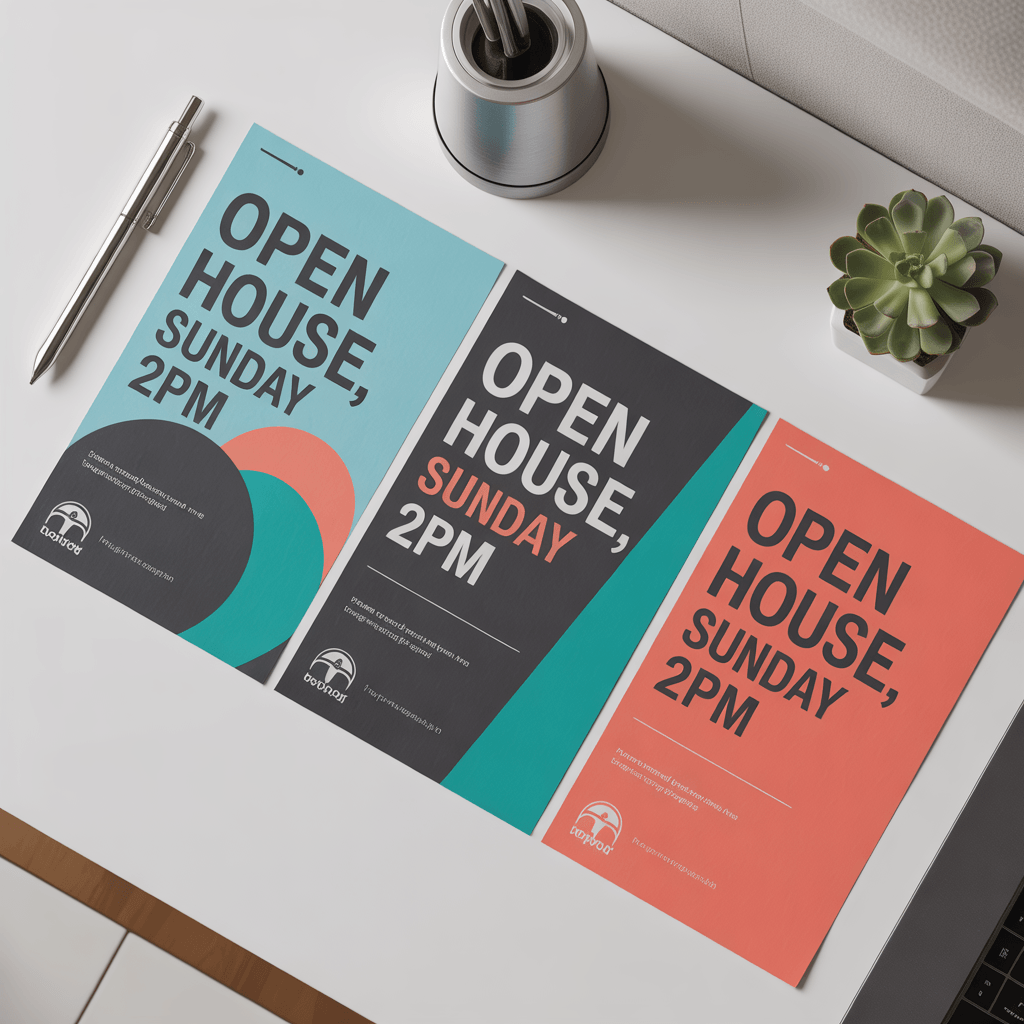 Ideogram v3 Turbo several layout options for a flyer reading 'OPEN HOUSE, SUNDAY 2PM' in a clean and bold style