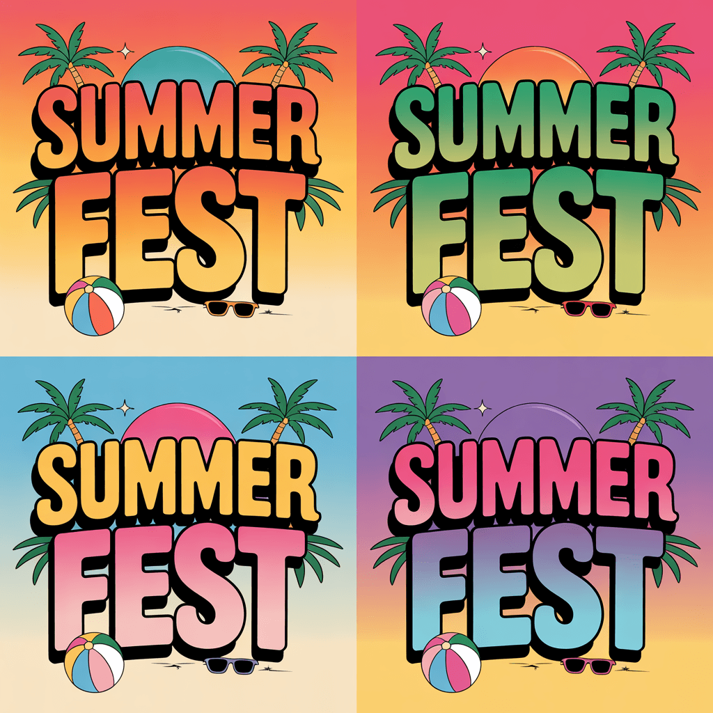 Ideogram v3 Turbo quick concept variations of a poster reading 'SUMMER FEST' in several different color schemes