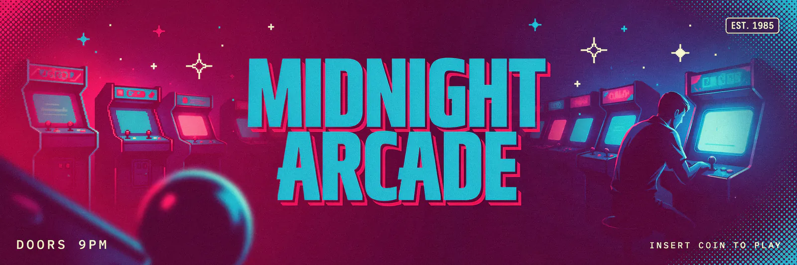 Ideogram v4 Quality wide event banner with MIDNIGHT ARCADE type over a neon arcade interior