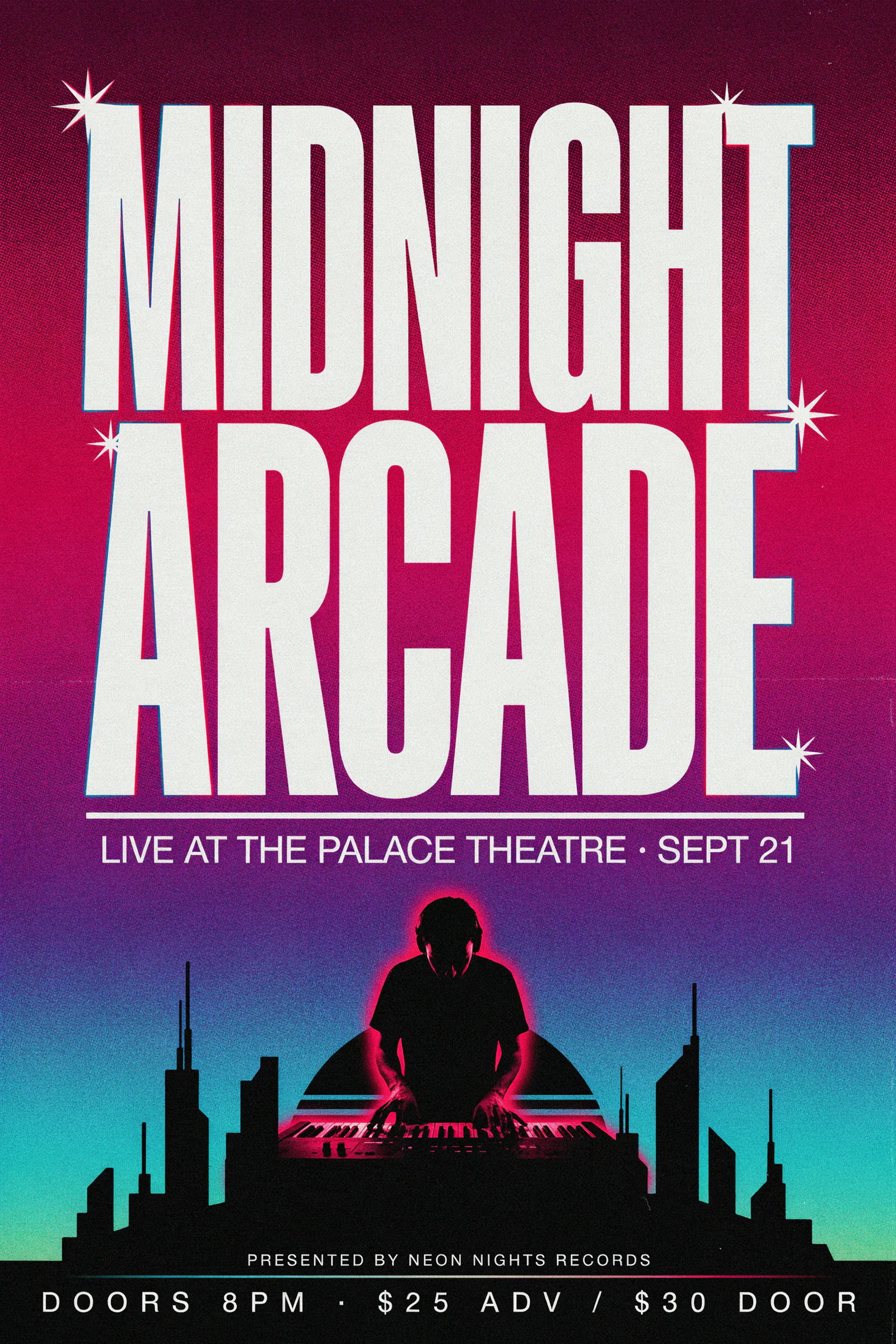 Ideogram v4 Quality retro concert poster for MIDNIGHT ARCADE with condensed type, neon gradient, and a Palace Theatre date line