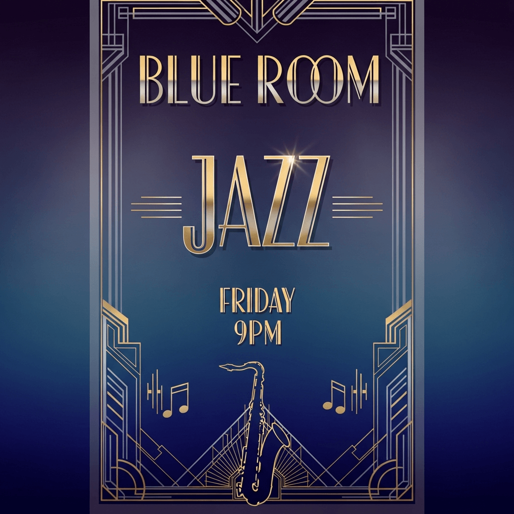 Imagen 4 vertical 9:16 jazz night poster reading 'BLUE ROOM, FRIDAY 9PM' with art-deco type