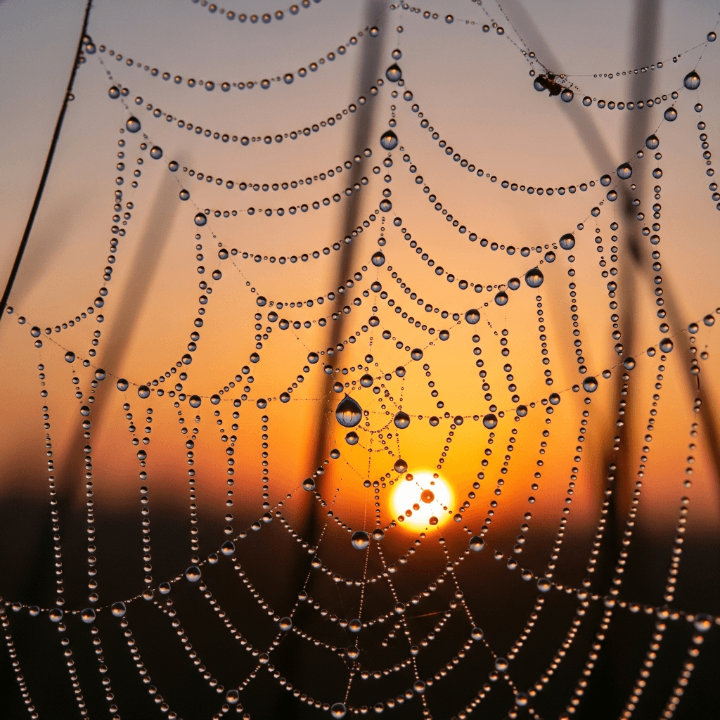 Imagen 4 photorealistic close-up of dew droplets on a spiderweb at sunrise with crisp detail
