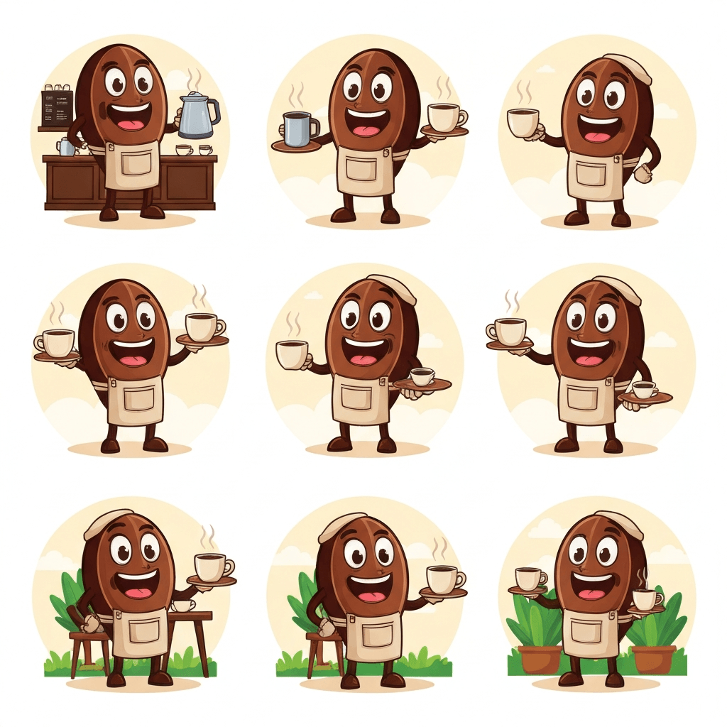 Imagen 4 Fast set of mascot poses for a coffee brand featuring a friendly cartoon coffee bean character