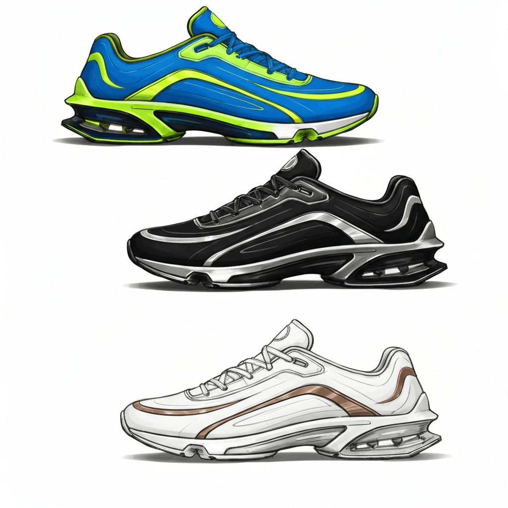 Imagen 4 Fast quick concept sketch of a futuristic sneaker in three color variations on a clean studio background