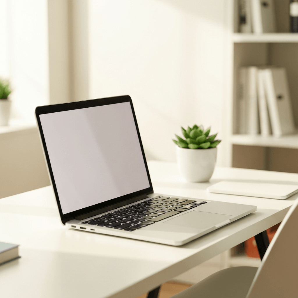 Imagen 4 Fast blog header of a tidy home office with a laptop and a plant in soft daylight