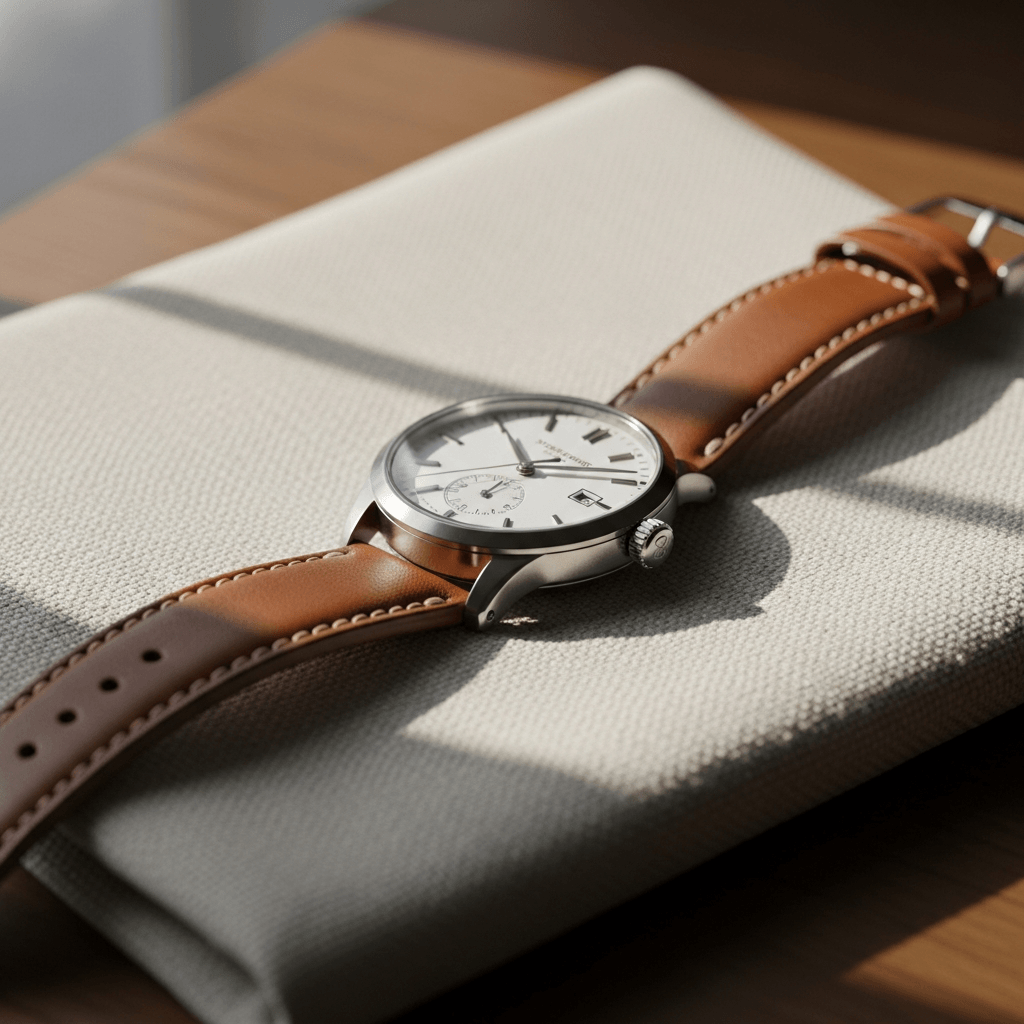 Imagen 4 ultra-detailed product shot of a leather watch on linen in soft window light with fine texture