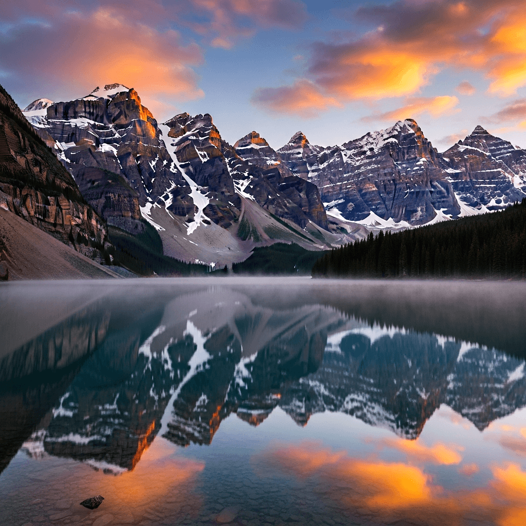 Imagen 4 breathtaking mountain range at dawn with a crystal-clear lake reflecting the snow-capped peaks