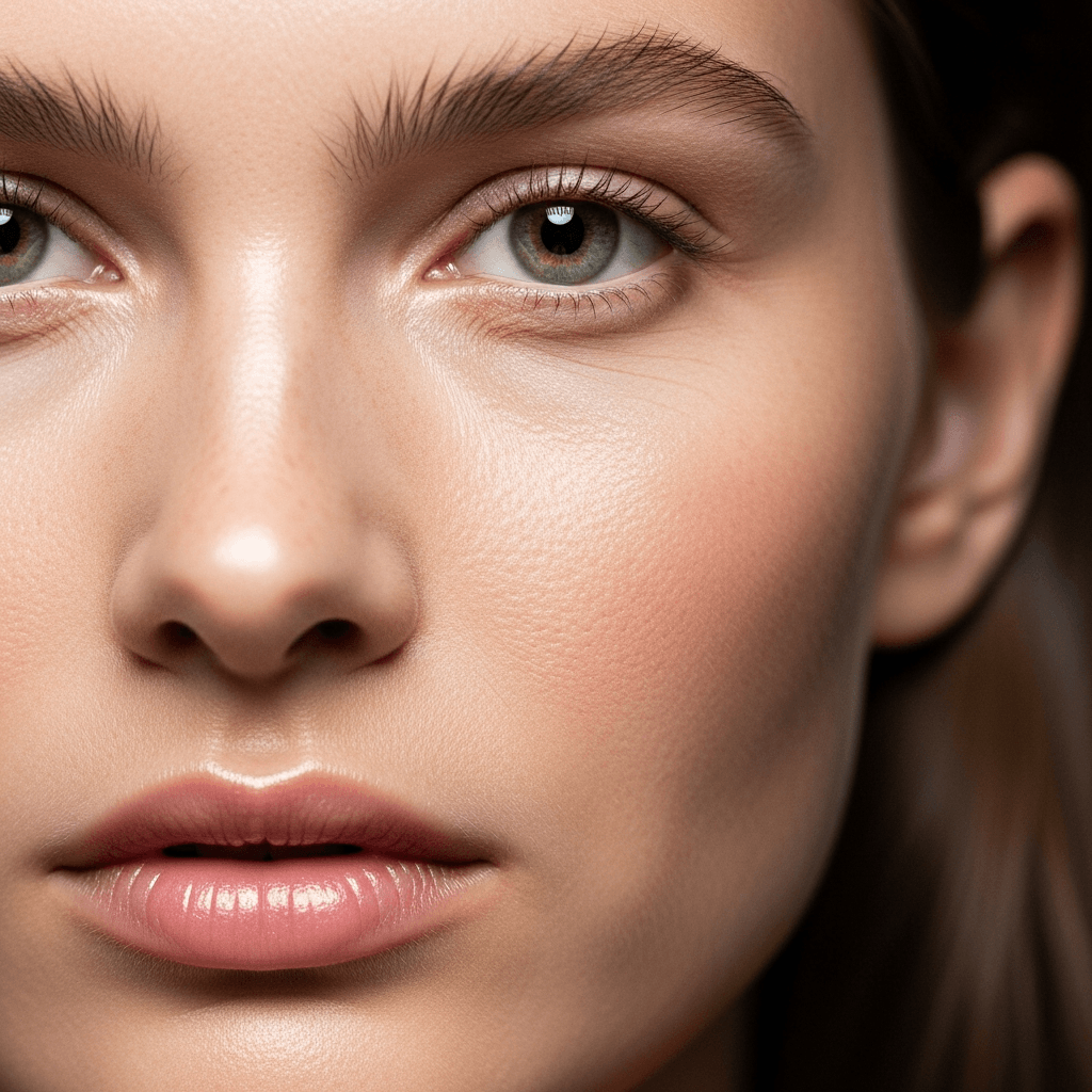 Imagen 4 Ultra photorealistic beauty close-up of a model with natural skin texture in soft studio lighting