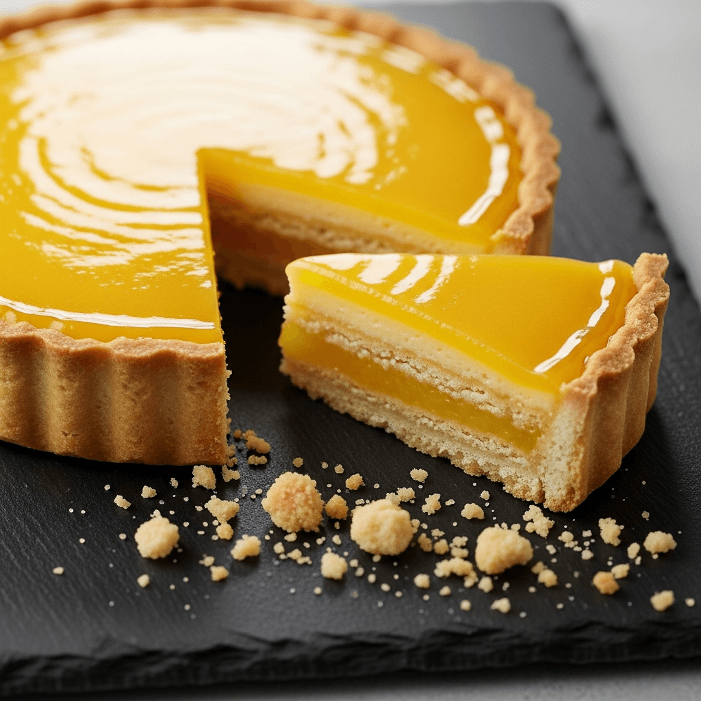 Imagen 4 Ultra magazine-quality food shot of a sliced citrus tart with a glossy glaze and crumbs on slate