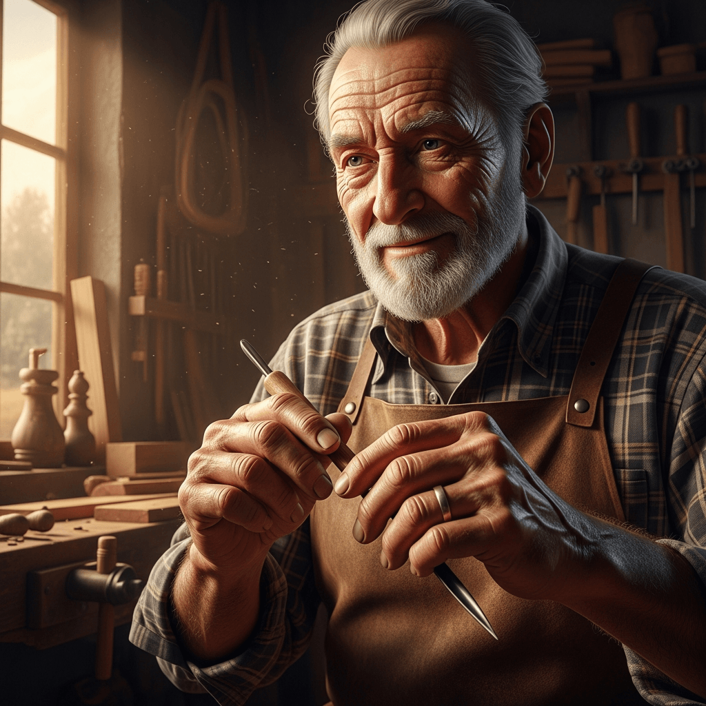 Imagen 4 Ultra hyperreal portrait of an elderly craftsman in his workshop in warm window light with detailed hands