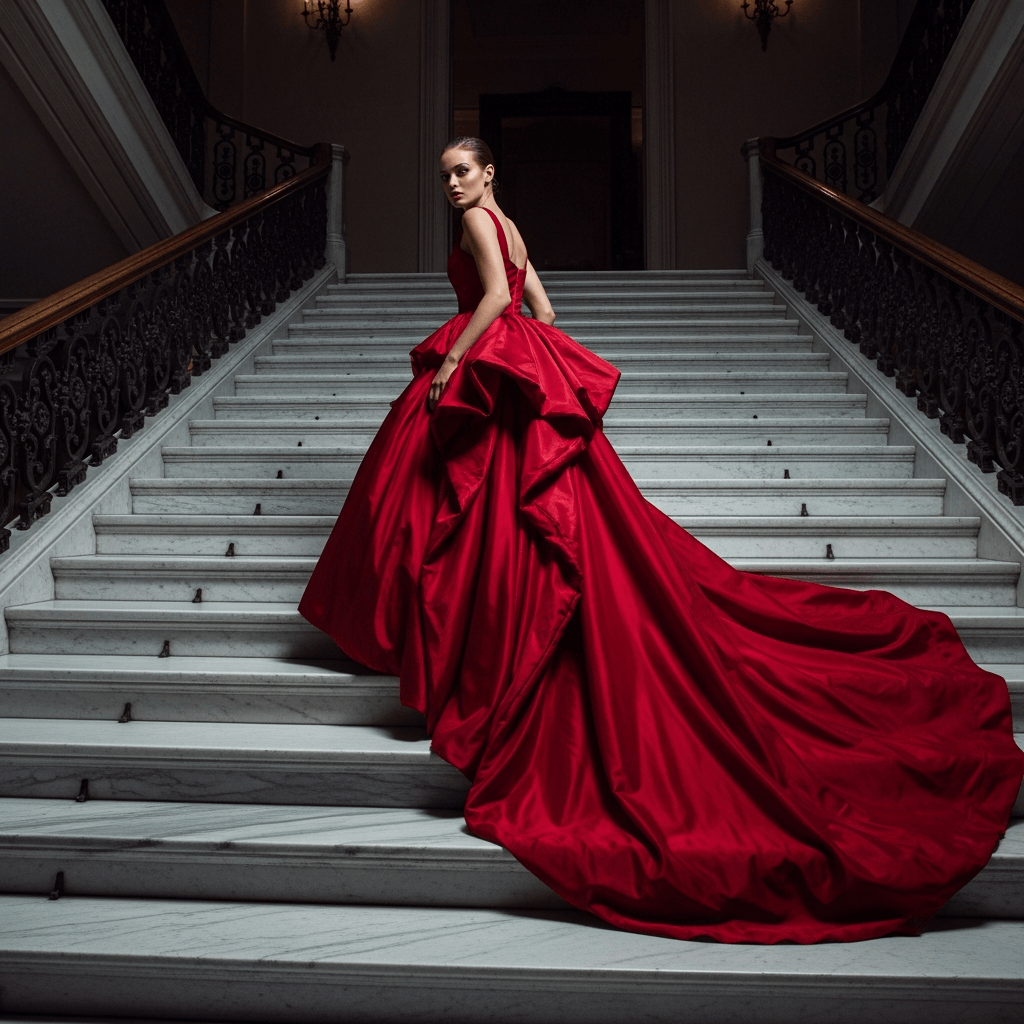 Imagen 4 Ultra editorial fashion shot of a model in a flowing red gown on a marble staircase with sharp fabric texture