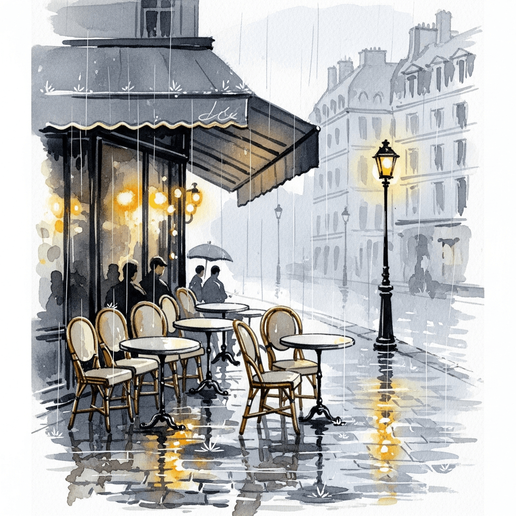 Imagen 4 watercolor illustration of a quiet Parisian street cafe in the rain