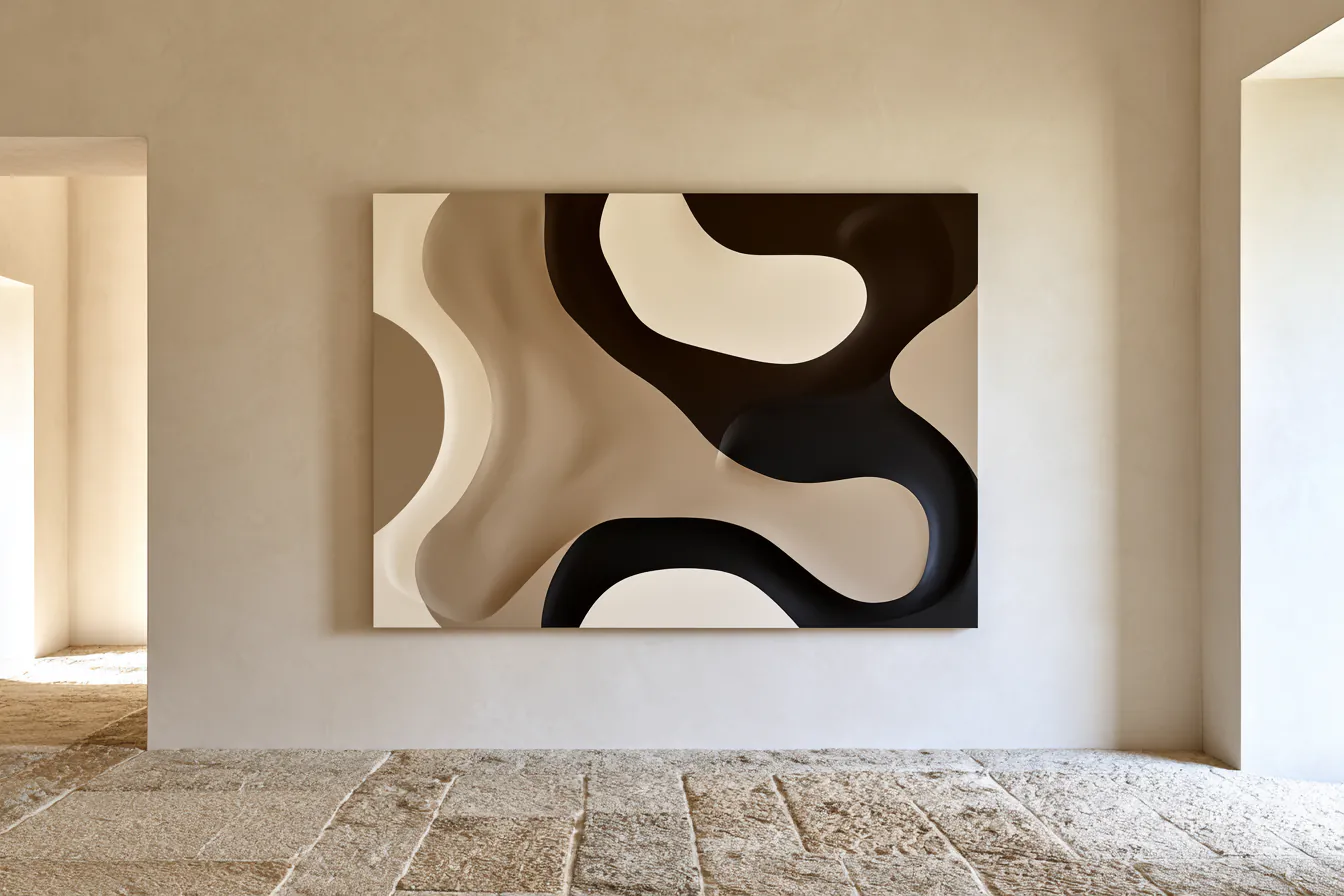 Midjourney interior scene of a large abstract canvas in black and warm neutrals hanging in a minimalist plaster room with a stone floor