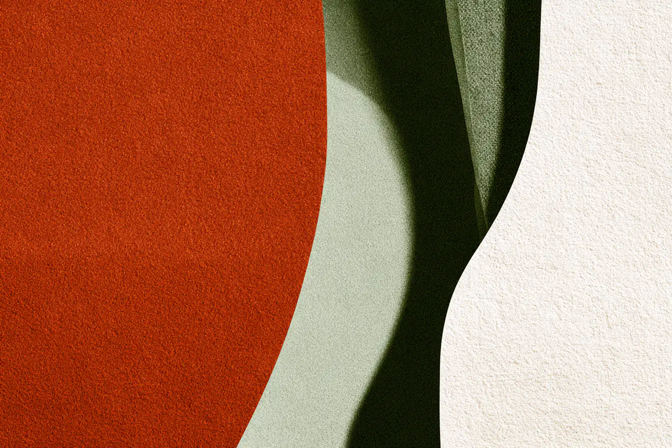 Midjourney abstract poster art with curved terracotta, sage, and cream shapes on a grained paper texture