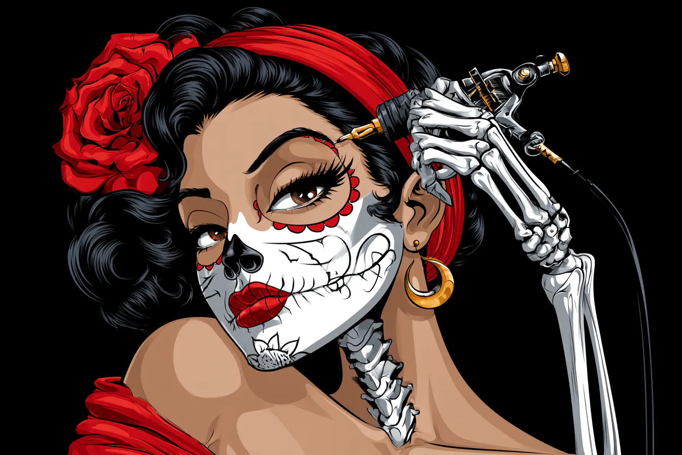 Midjourney vector illustration of a woman in Dia de los Muertos sugar skull makeup with a red rose, held by a skeleton hand with a tattoo machine