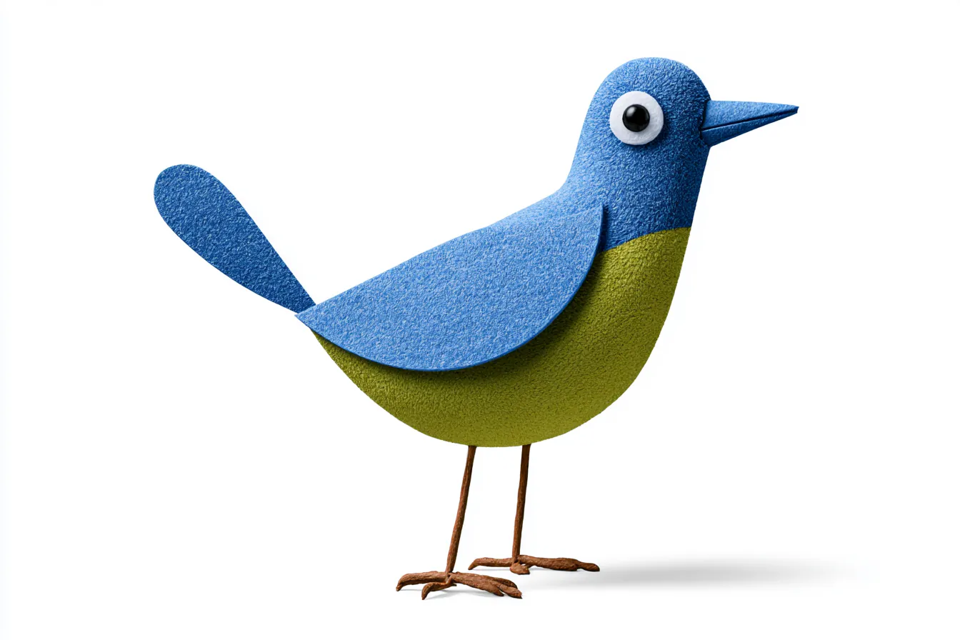 Midjourney craft-style bird made of blue and olive felt with wire legs, isolated on a white background