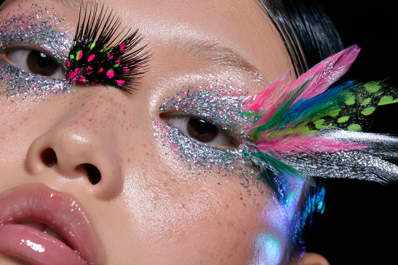 AI-generated beauty macro of a model with silver glitter eye makeup and neon feathered lashes