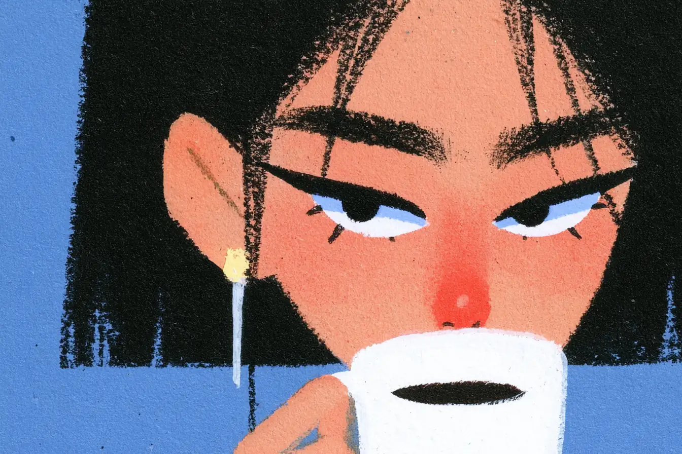 Midjourney gouache-style illustration of a woman with a deadpan expression drinking coffee against a blue background with visible paper grain