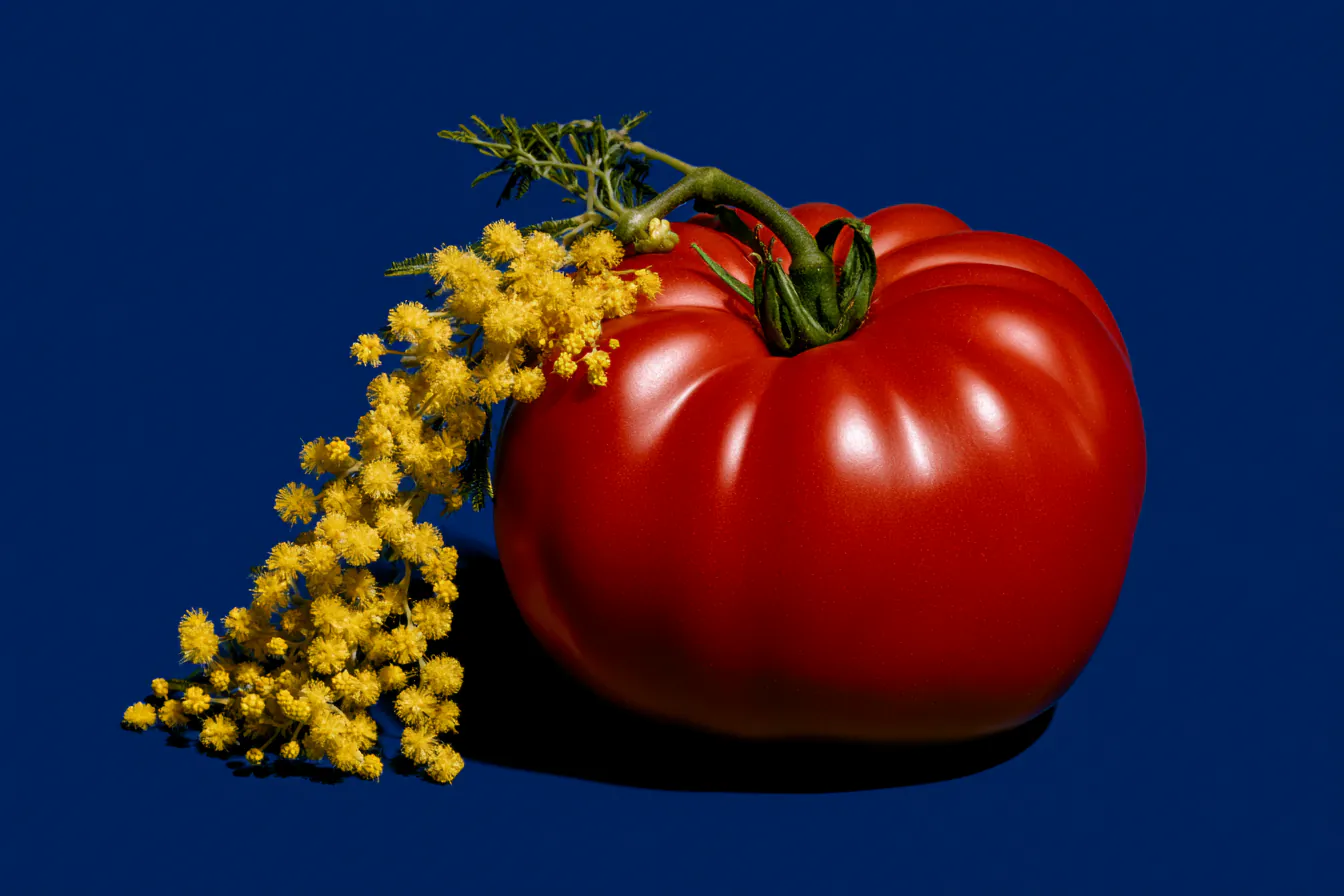 Midjourney editorial still life of a glossy heirloom tomato beside yellow mimosa blossoms on a deep cobalt background