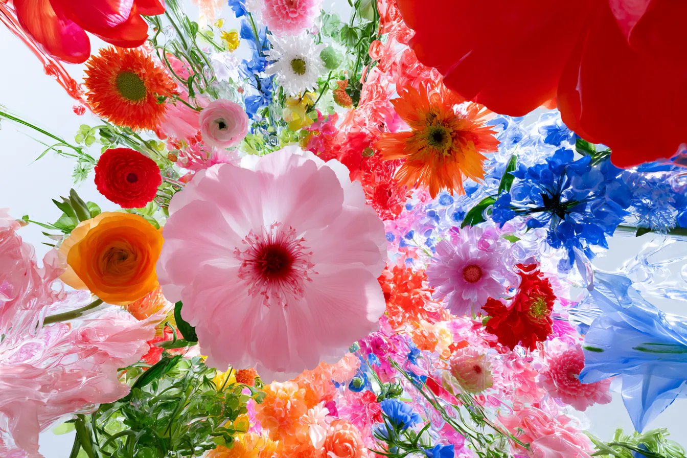 Midjourney maximalist floral composition packed with saturated pink, red, orange, and blue blooms under glossy highlights