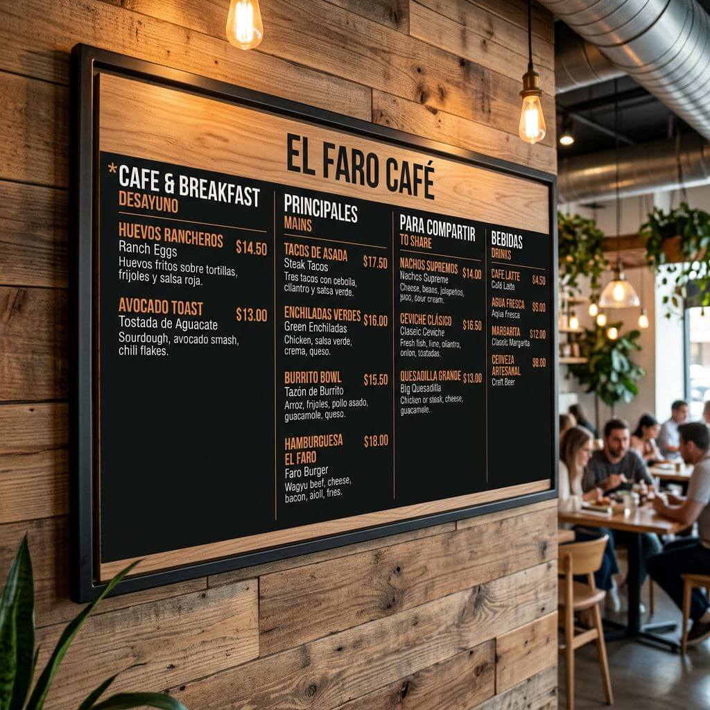 Nano Banana 2 bilingual menu board with dishes in English and Spanish, legible prices, and a modern layout
