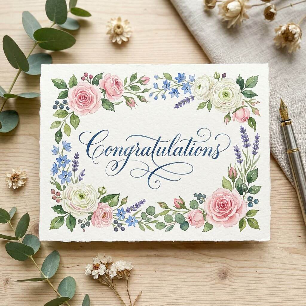 Nano Banana 2 greeting card reading 'Congratulations' in elegant script with a watercolor floral border