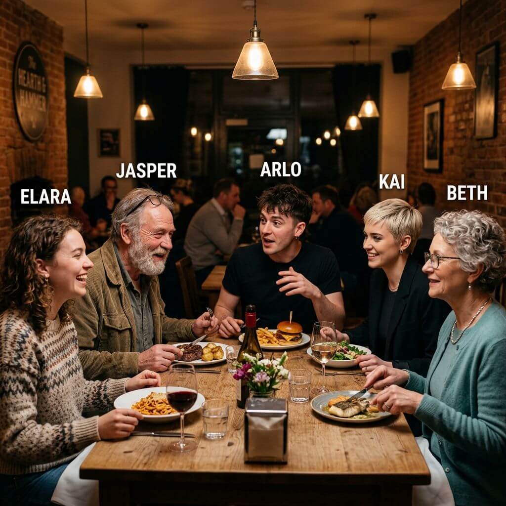 Nano Banana 2 scene of five named characters together at a dinner table, each keeping a consistent look