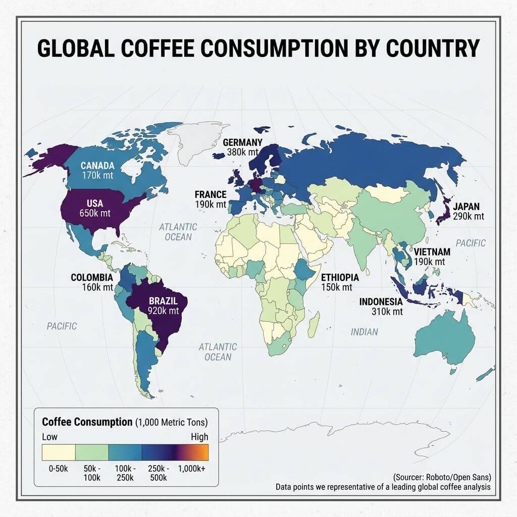 Nano Banana 2 data visualization of global coffee consumption by country with clean labels and a legend