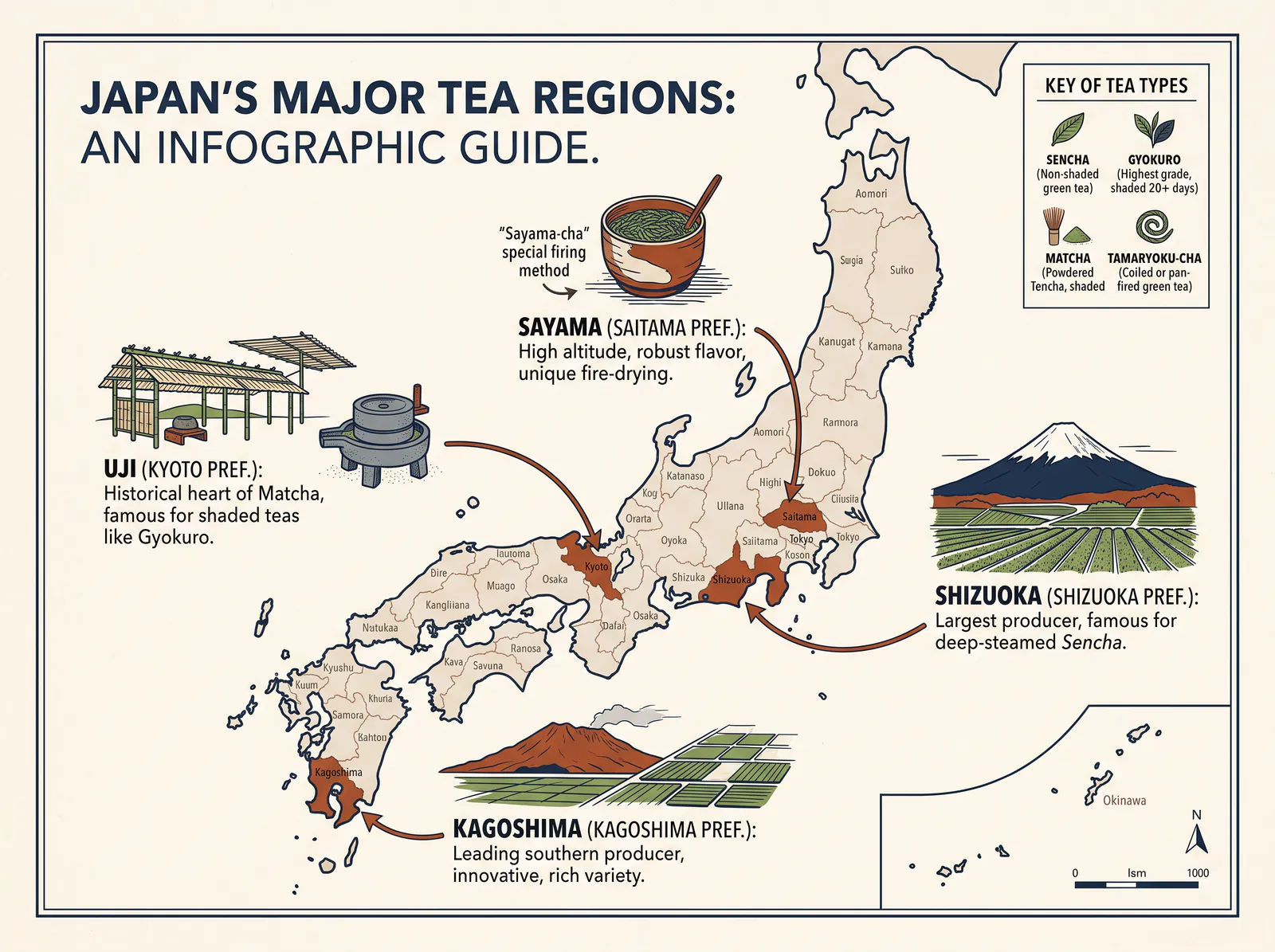 Nano Banana 2 illustrated map of Japan’s major tea regions with labeled prefectures and a tea-type key